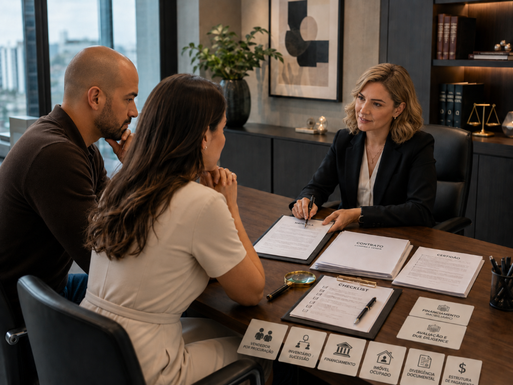 Casal em reunião com advogada revisando matrícula, contrato de compra e venda e certidões do imóvel