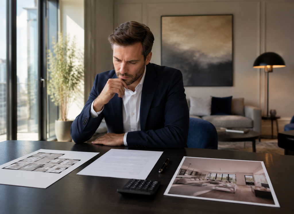 Homem de terno analisando um documento sobre a mesa, com planta baixa, calculadora e foto do imóvel ao lado