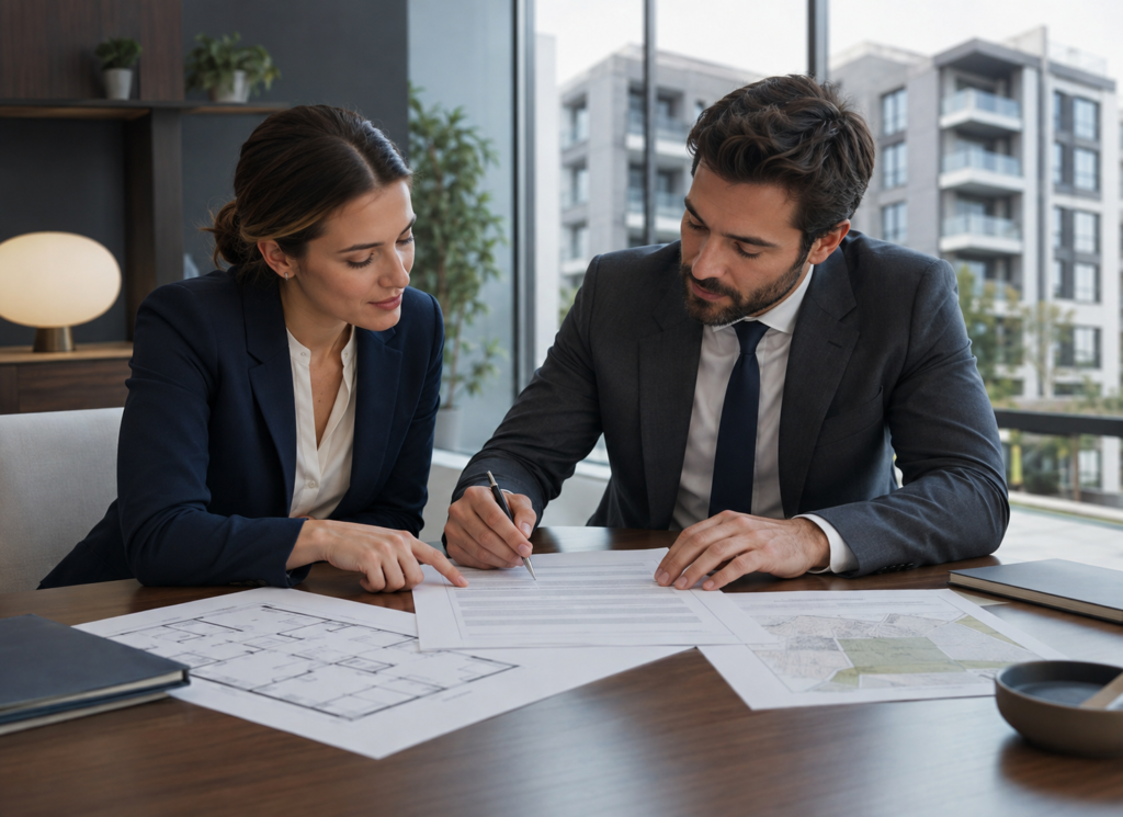 Duas pessoas em reunião conferindo um contrato, com planta baixa e mapa do terreno sobre a mesa