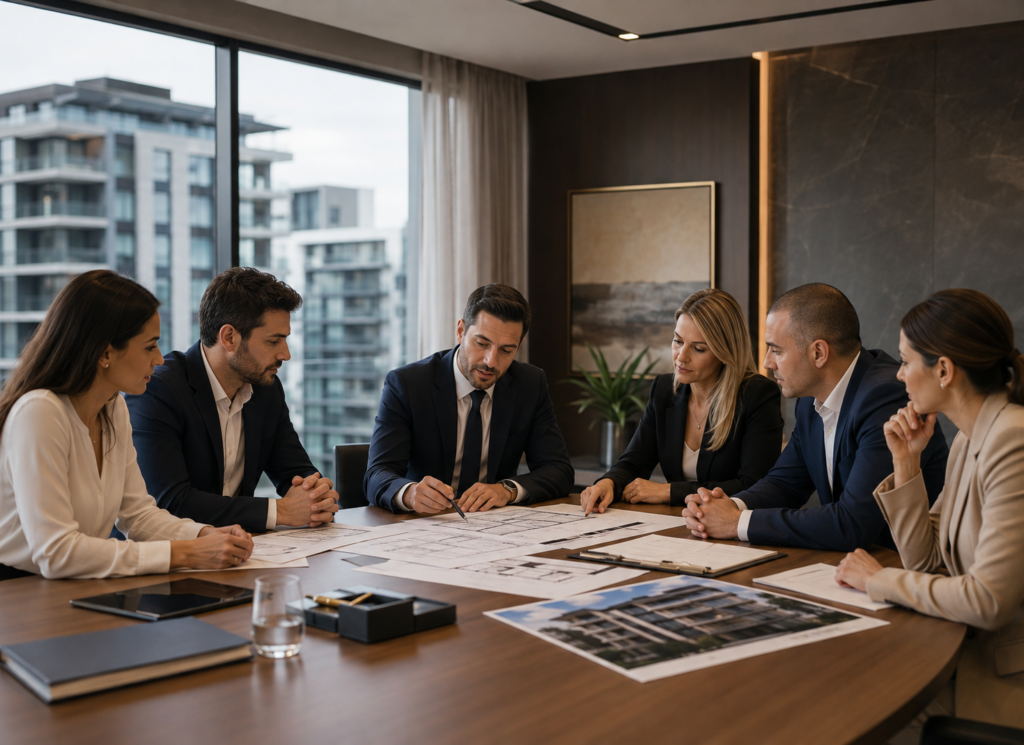 Seis pessoas reunidas em uma sala de reuniões analisando plantas e documentos de um empreendimento imobiliário