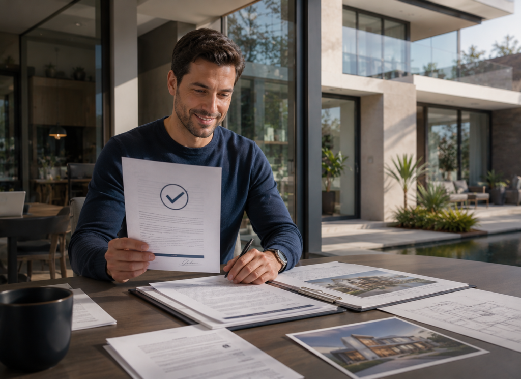 Homem sorrindo ao ler um documento com selo de aprovação, sentado à mesa com contrato e fotos do imóvel
