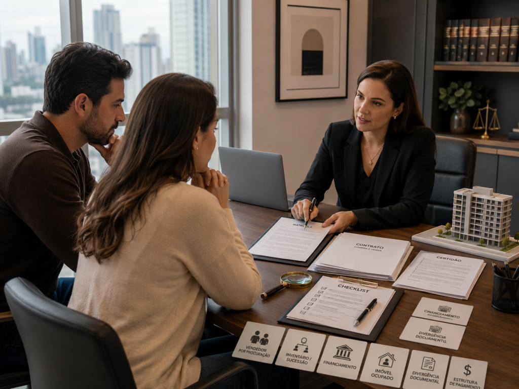 Casal em reunião com advogada, com matrícula, contrato de compra e venda, certidão e checklist sobre a mesa