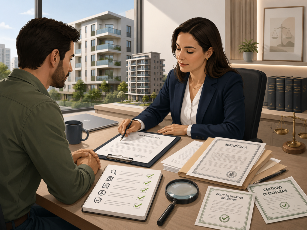 Ilustração de advogada e cliente revisando matrícula, certidão negativa de débitos e certidão de ônus reais