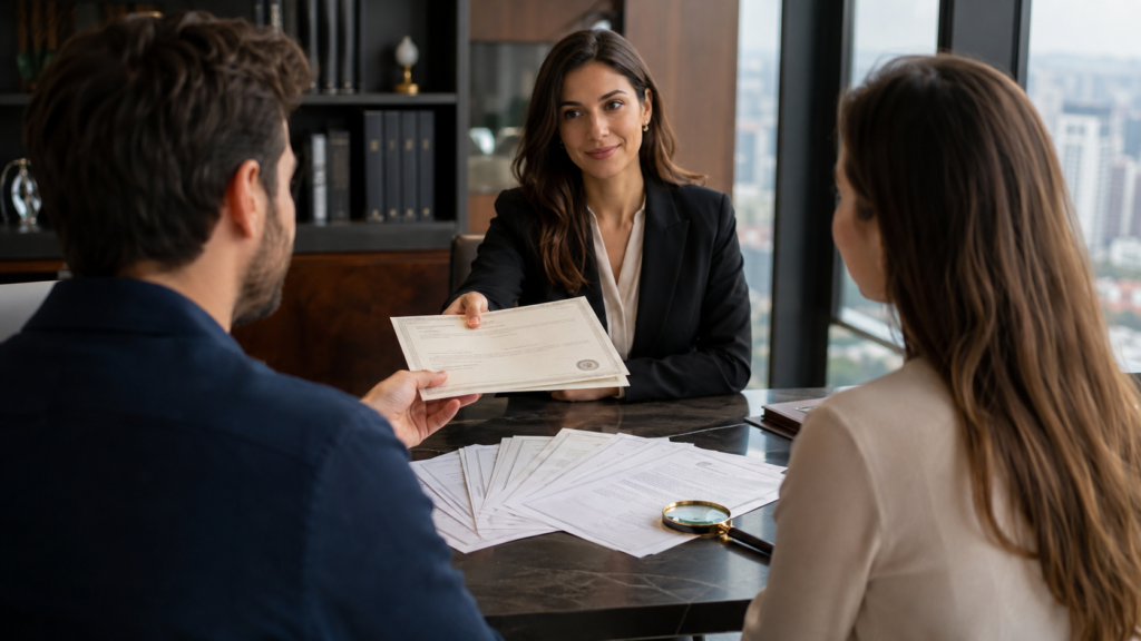 Advogada entregando uma certidão a um casal em reunião de escritório, com diversas certidões espalhadas sobre a mesa e uma lupa ao lado
