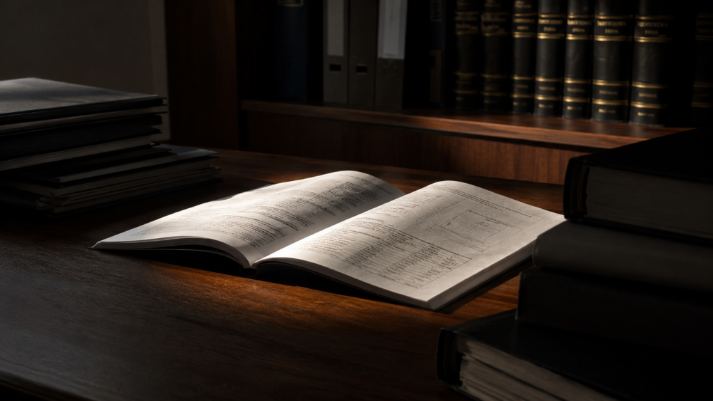 Documento registral aberto sob um facho de luz em mesa de madeira, cercado por pastas e livros na penumbra