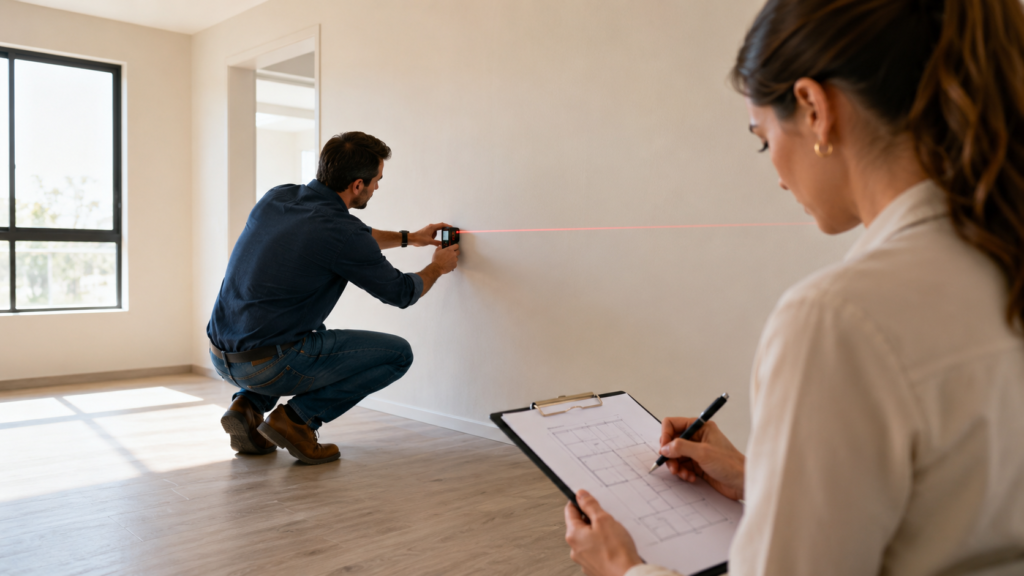Homem medindo a parede de uma sala vazia com trena a laser enquanto mulher anota os valores em prancheta com planta baixa