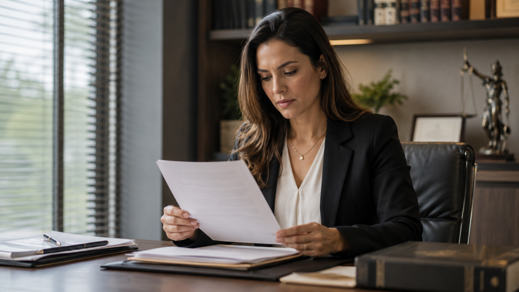 Advogada examinando documentos do imóvel sobre a mesa do escritório