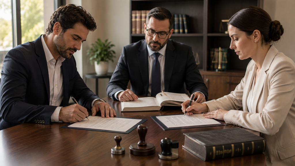Duas partes assinando o instrumento de cessão diante de um terceiro que participa como anuente