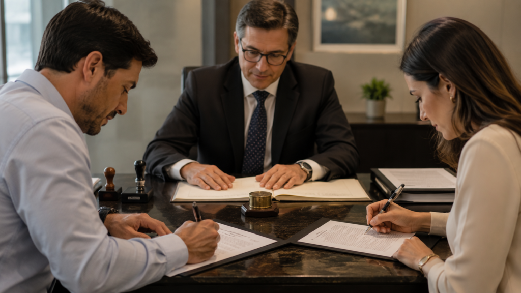 Três pessoas assinando documentos ao redor da mesa de um escritório, com livro de registro e carimbos