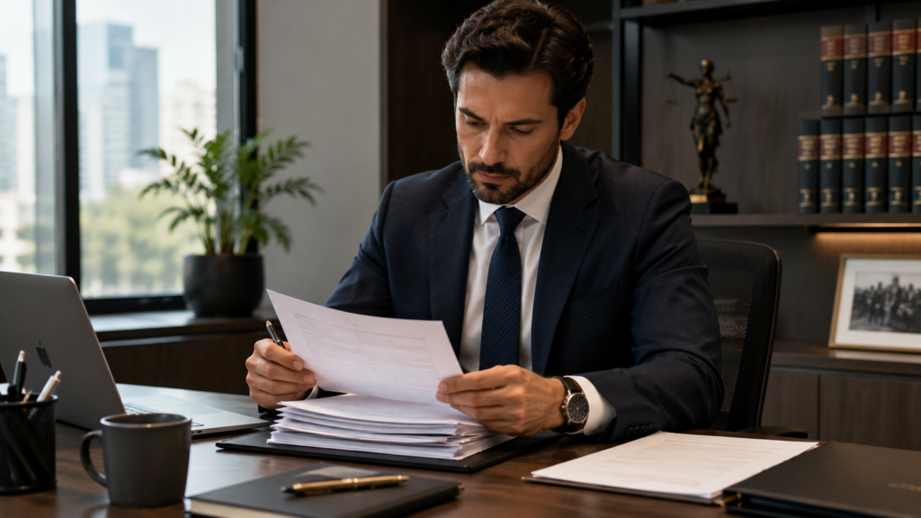 Advogado analisando documentos e edital sobre a mesa do escritório