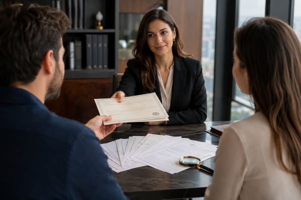 Advogada entregando uma certidão a um casal em reunião de escritório, com diversas certidões espalhadas sobre a mesa e uma lupa ao lado