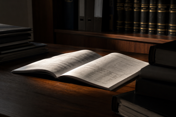 Documento registral aberto sob um facho de luz em mesa de madeira, cercado por pastas e livros na penumbra