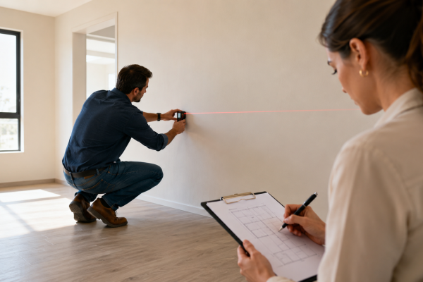 Homem medindo a parede de uma sala vazia com trena a laser enquanto mulher anota os valores em prancheta com planta baixa