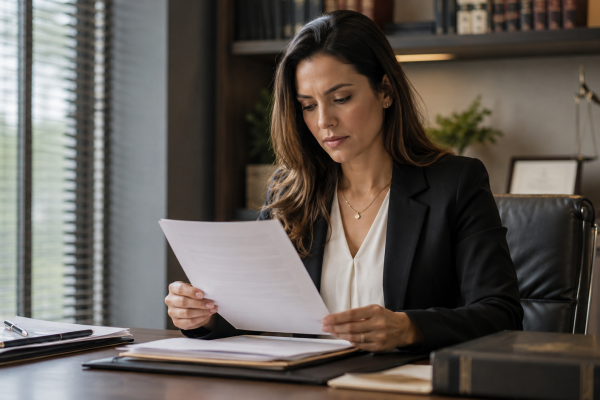 Advogada examinando documentos do imóvel sobre a mesa do escritório