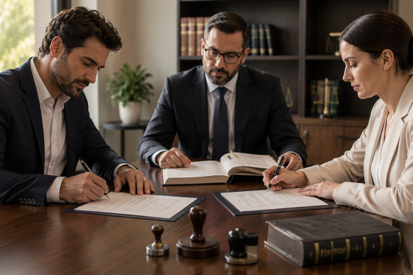 Duas partes assinando o instrumento de cessão diante de um terceiro que participa como anuente