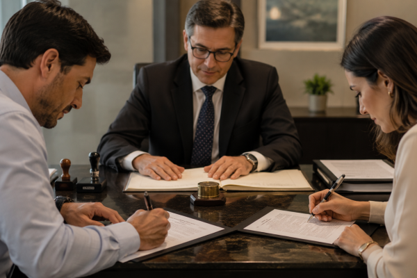 Três pessoas assinando documentos ao redor da mesa de um escritório, com livro de registro e carimbos