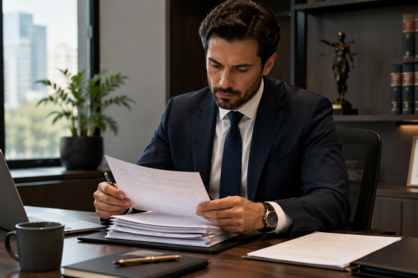 Advogado analisando documentos e edital sobre a mesa do escritório