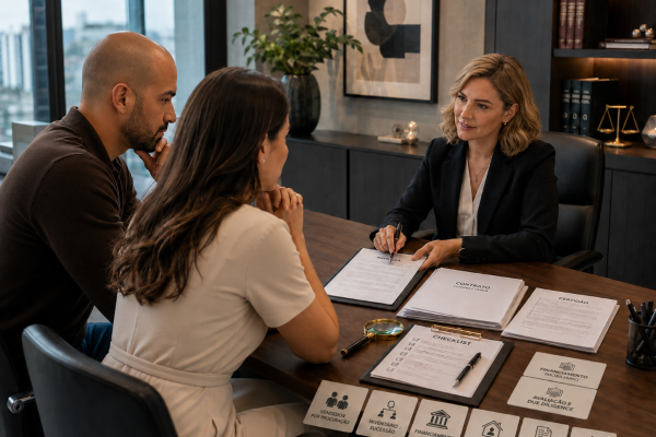Casal em reunião com advogada revisando matrícula, contrato de compra e venda e certidões do imóvel