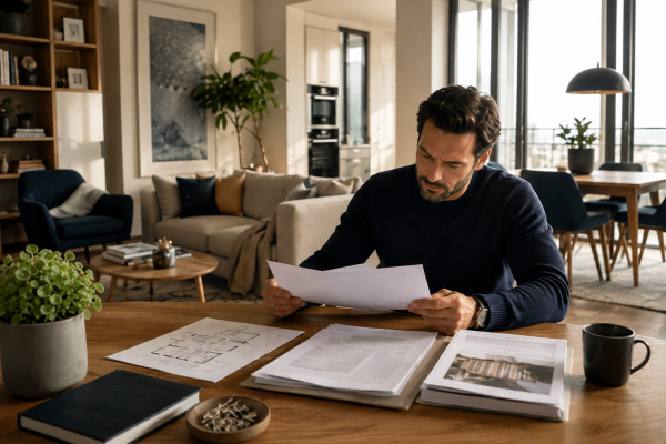 Homem sentado à mesa de um apartamento lendo documentos, ao lado da planta baixa e de uma pasta com fotos do imóvel