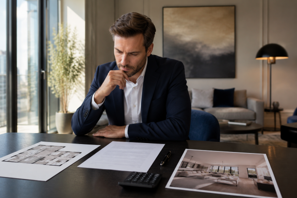 Homem de terno analisando um documento sobre a mesa, com planta baixa, calculadora e foto do imóvel ao lado