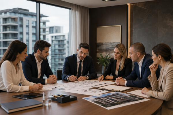 Seis pessoas reunidas em uma sala de reuniões analisando plantas e documentos de um empreendimento imobiliário