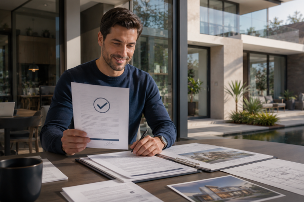 Homem sorrindo ao ler um documento com selo de aprovação, sentado à mesa com contrato e fotos do imóvel