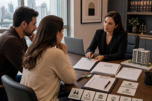 Casal em reunião com advogada, com matrícula, contrato de compra e venda, certidão e checklist sobre a mesa