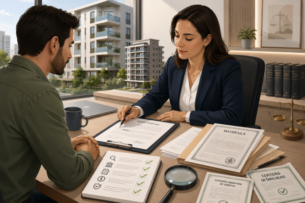 Ilustração de advogada e cliente revisando matrícula, certidão negativa de débitos e certidão de ônus reais